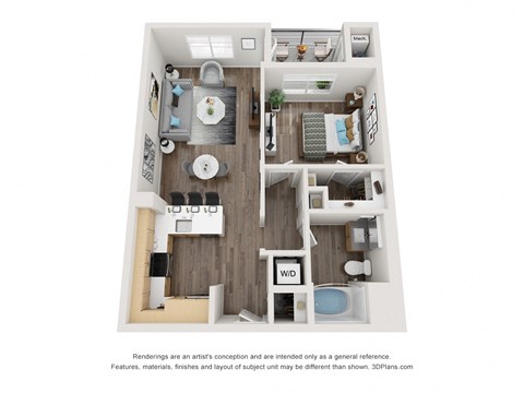 Floor plan for 1 bed, 1 bath, 741 sqft